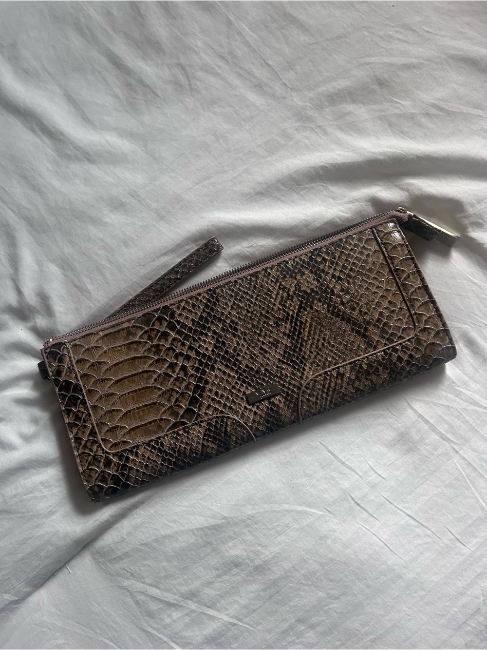 Mango Snake-Embossed Wristlet in Brown and Taupe